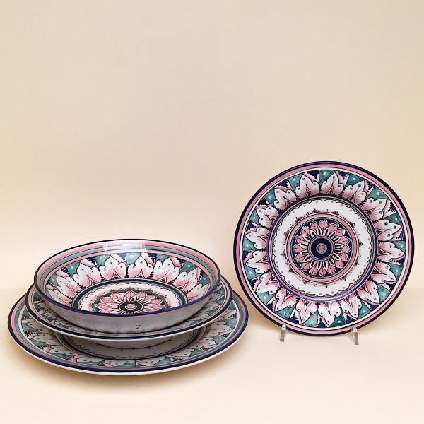 DINNERWARE SET; DESIGN: LIGHT PINK AND SEAWATER GREEN-GEOMETRIC